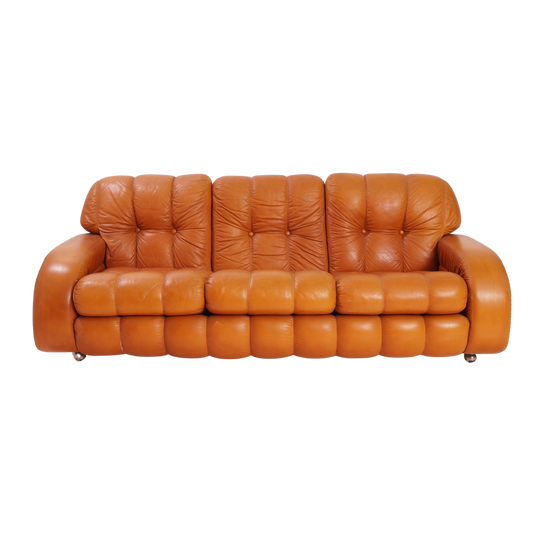 Italian Leather Channel Back Sofa, 1970s