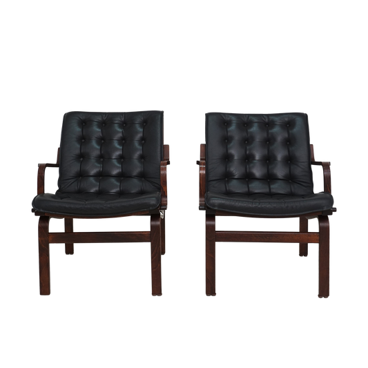 Pair of Beech and Leather Lounge Chairs