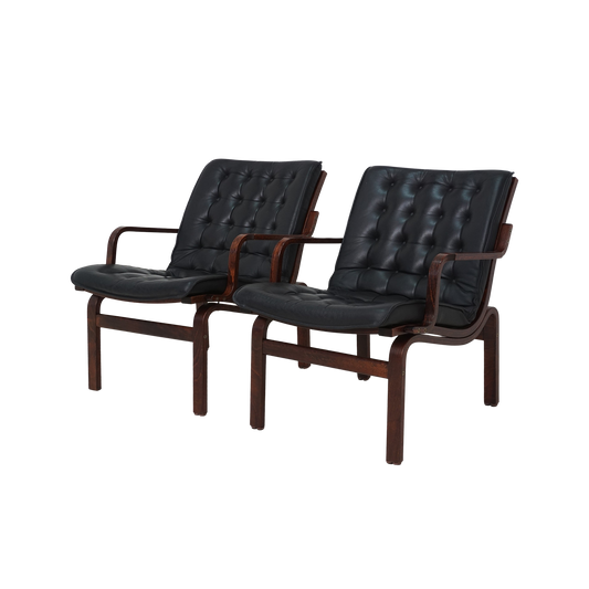 Pair of Beech and Leather Lounge Chairs