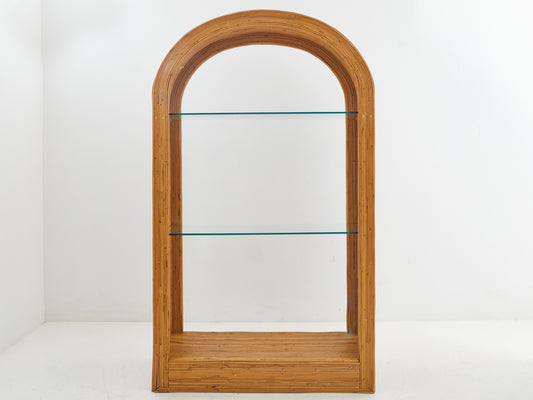 Front view of a pencil reed etagere from the 1970s with 2 glass shelves