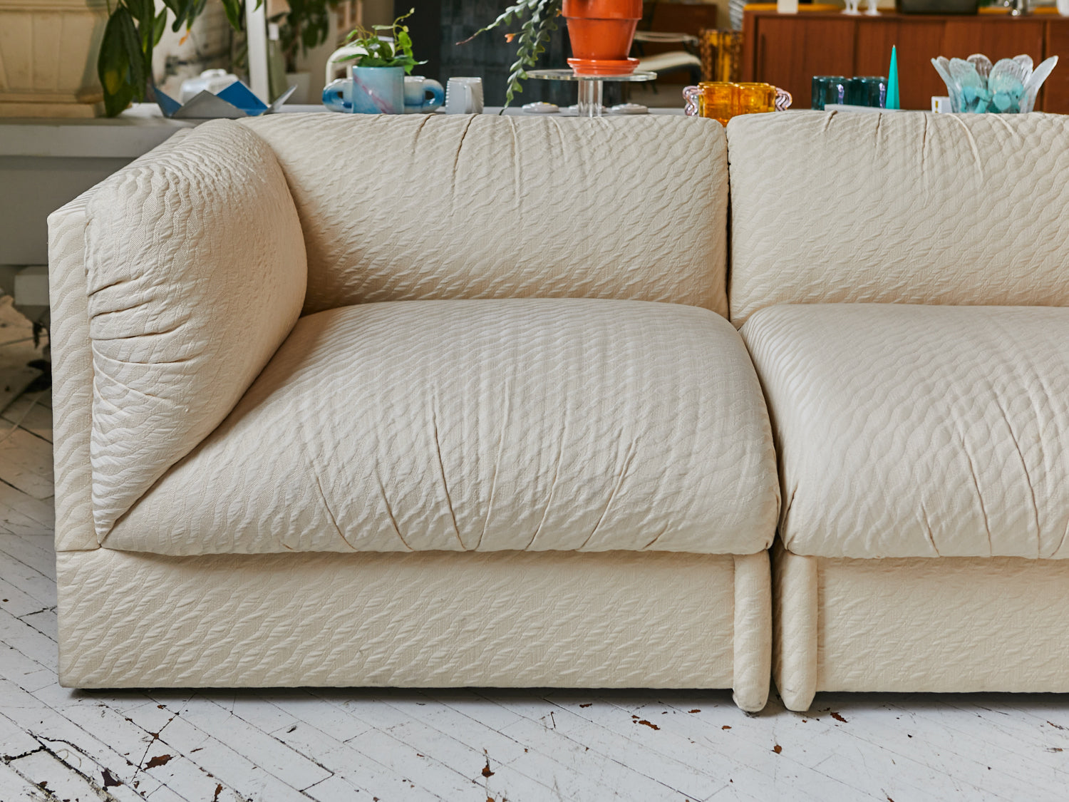 Close up of the end of a custom curved modular sectional circa 1980s