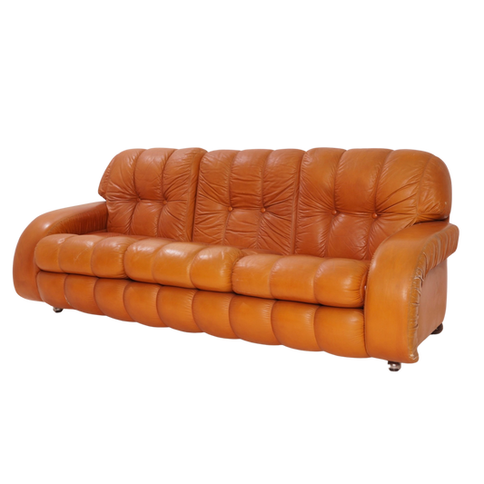 Italian Leather Channel Back Sofa, 1970s