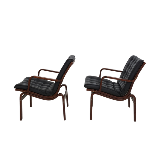 Pair of Beech and Leather Lounge Chairs