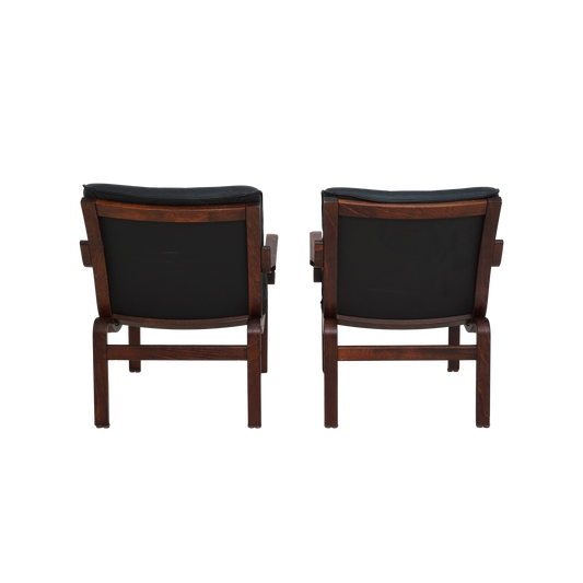 Pair of Beech and Leather Lounge Chairs