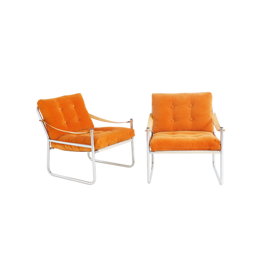 Pair of Tubular Chrome & Orange Velvet Chairs, 1970s