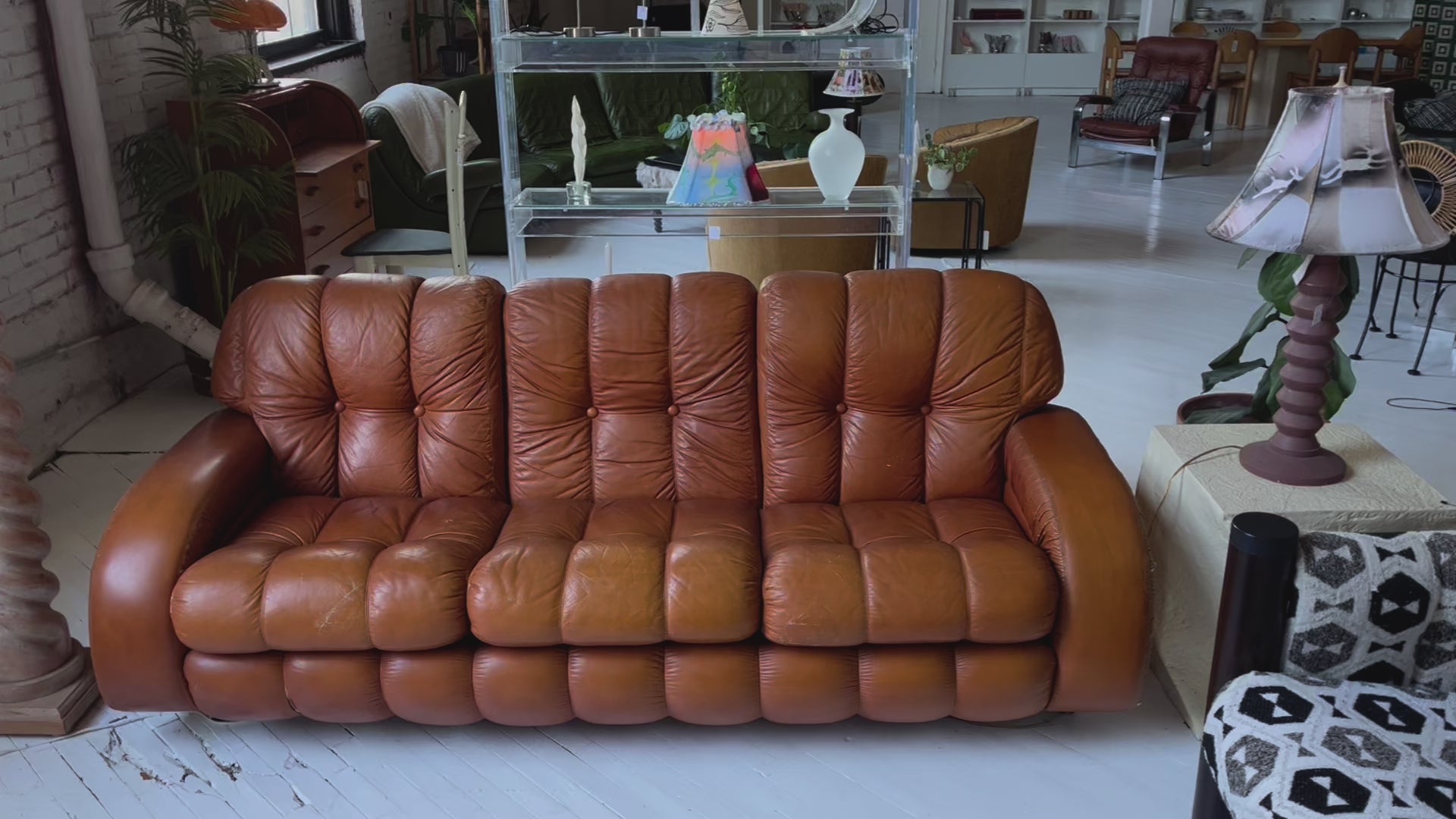 Italian Leather Channel Back Sofa, 1970s